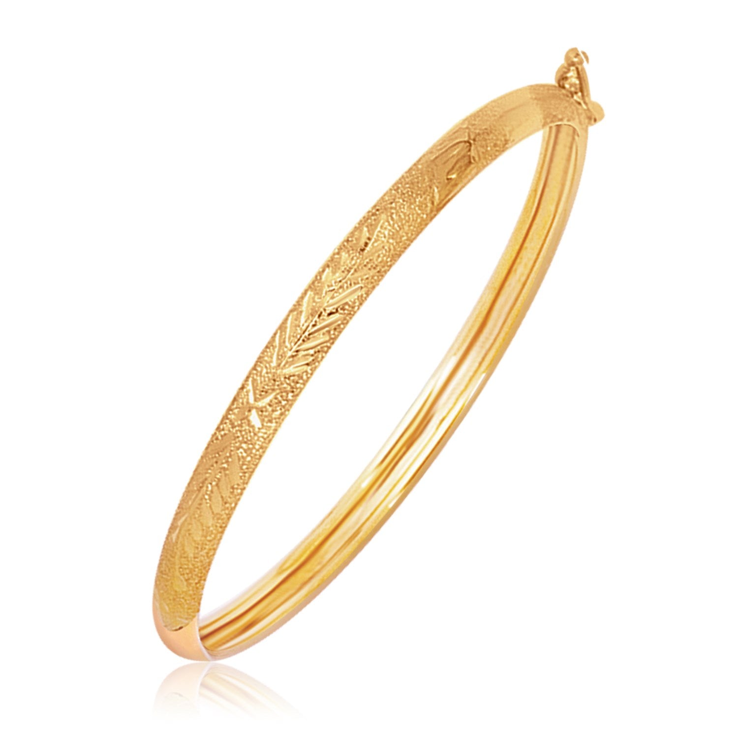 14k Yellow Gold Diamond Cut Motif Dome Style Childrens Bangle (5.50 mm) in a sleek high-contrast midnight luxury editorial st